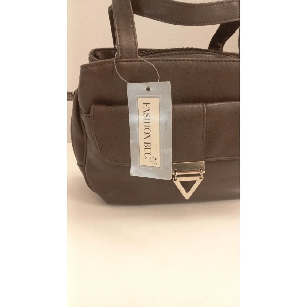 Fashion Bug Brown Faux Leather Satchel Handbag Gold Triangle Hardware NWT